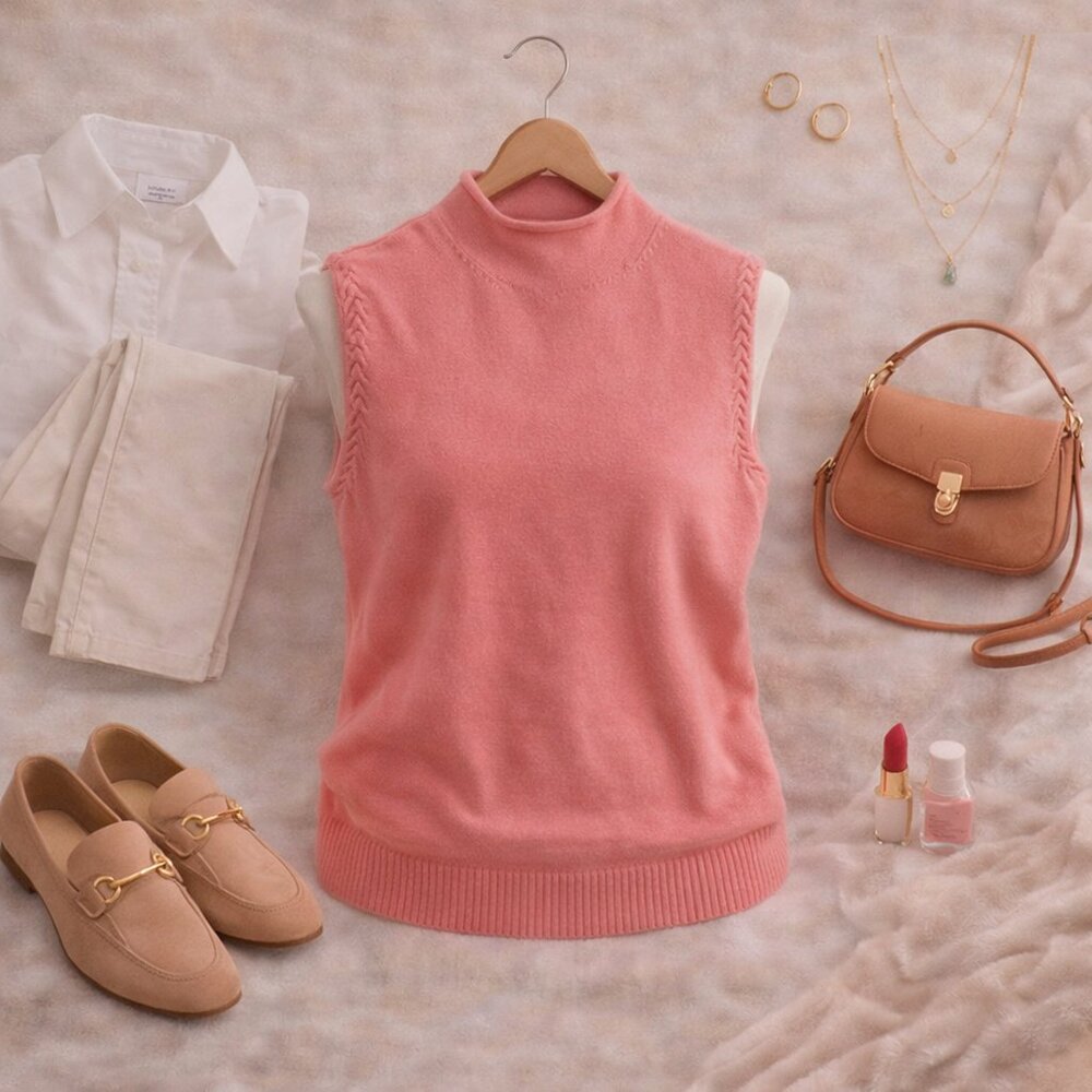 💙 IZOD Pink Sleeveless Mock Neck Sweater Vest Size L Cotton Knit Preppy